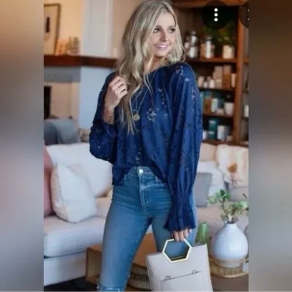 Free People Tops - Free People Olivia Floral‎ Lace Top Navy Blue Medium Boho Sheer Peasant Cottage